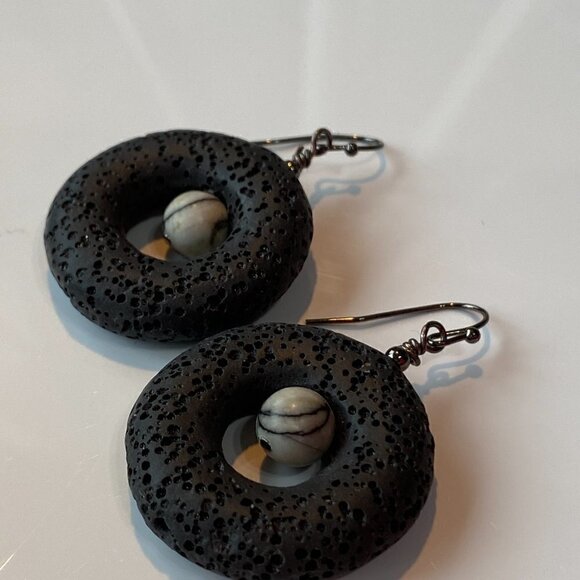 Black Lava & Spider Web Jasper Donut Earrings - Picture 5 of 10